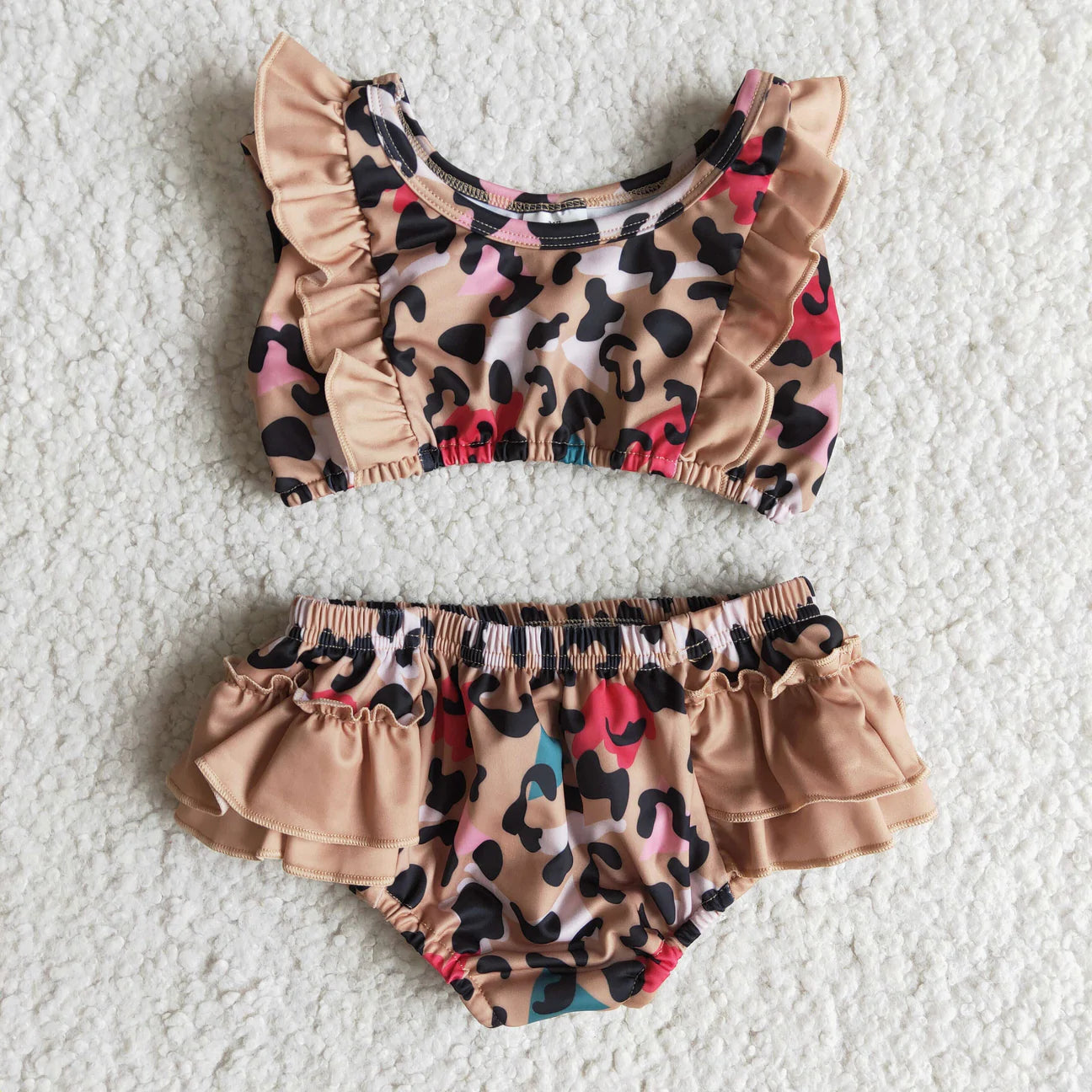 Girls Tan Leopard Two Piece Swimsuit