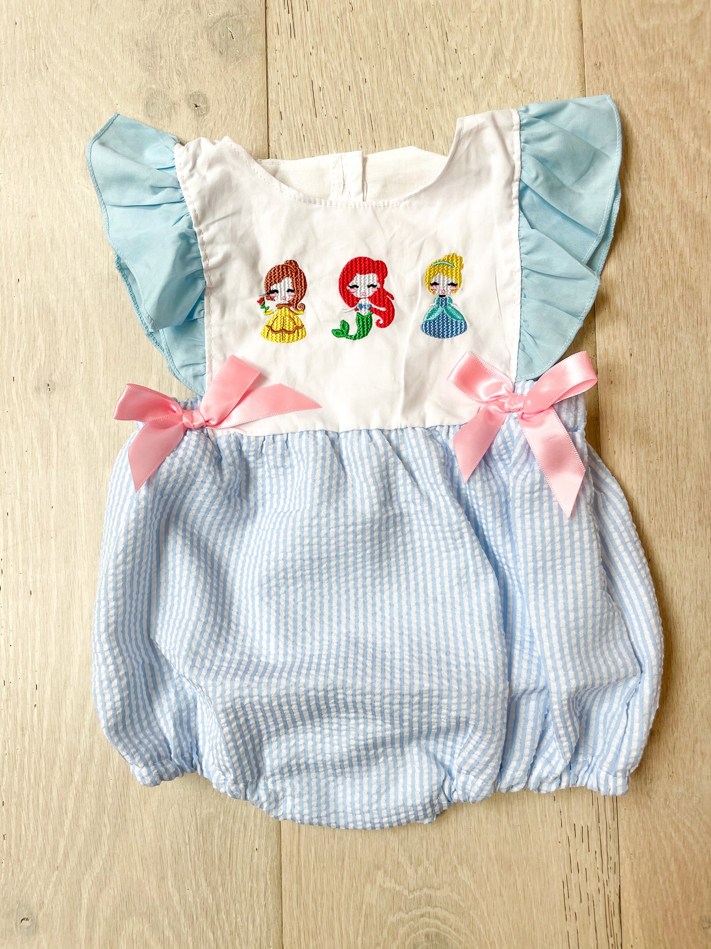 Girls Seersucker Embroidered Princess Bubble - RTS