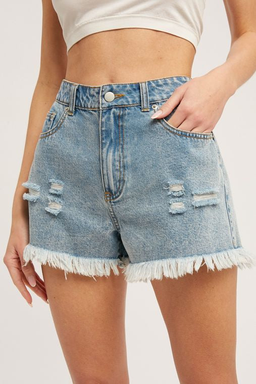 WOMEN'S FRAYED HEM HIGH RISE DENIM SHORTS - RTS